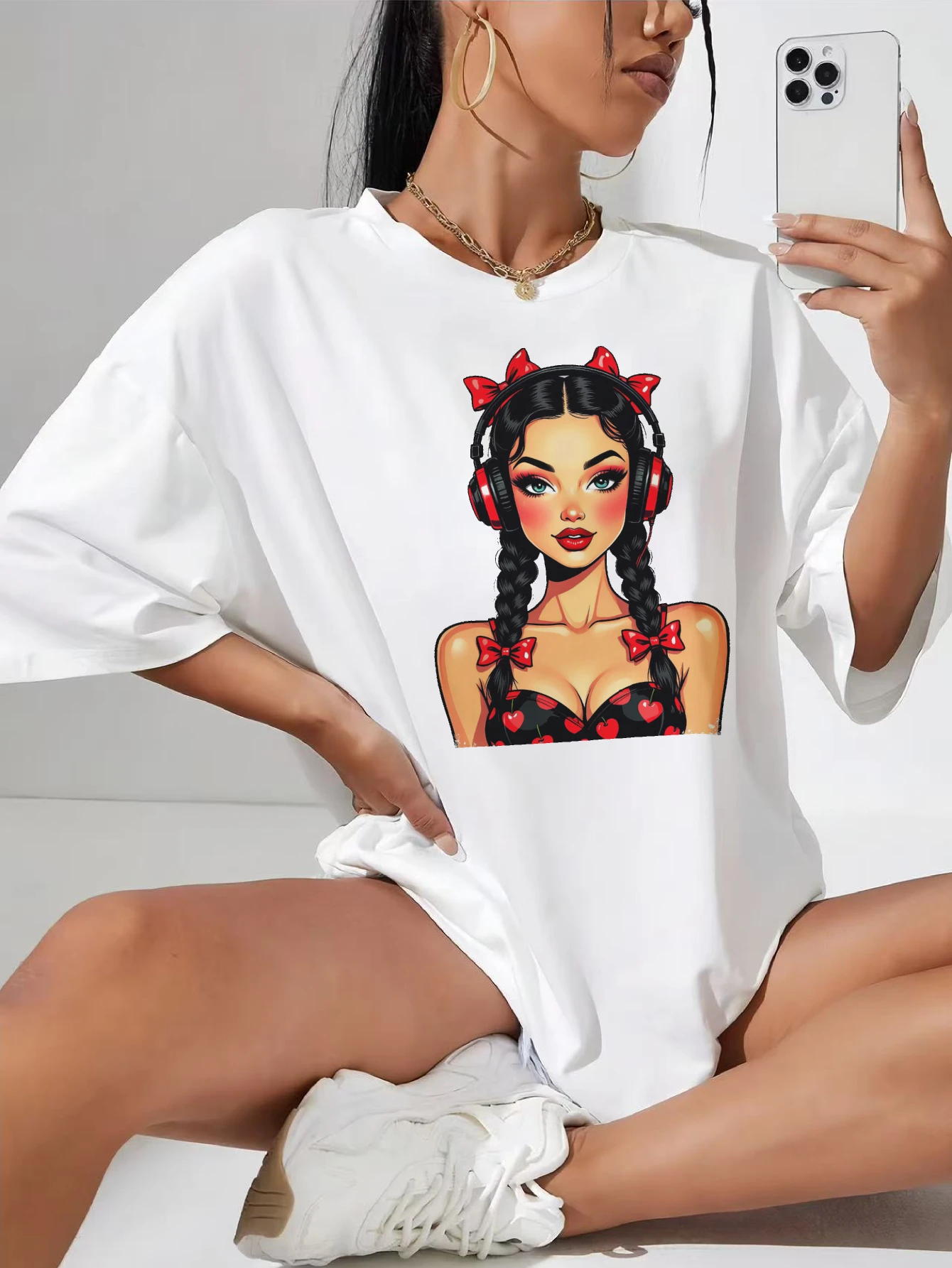 

Cherry-Beats-Girl-Повседневная белая футболка в стиле ретро, модная футболка с круглым вырезом, идеально подходящая для беременных, свободных дней