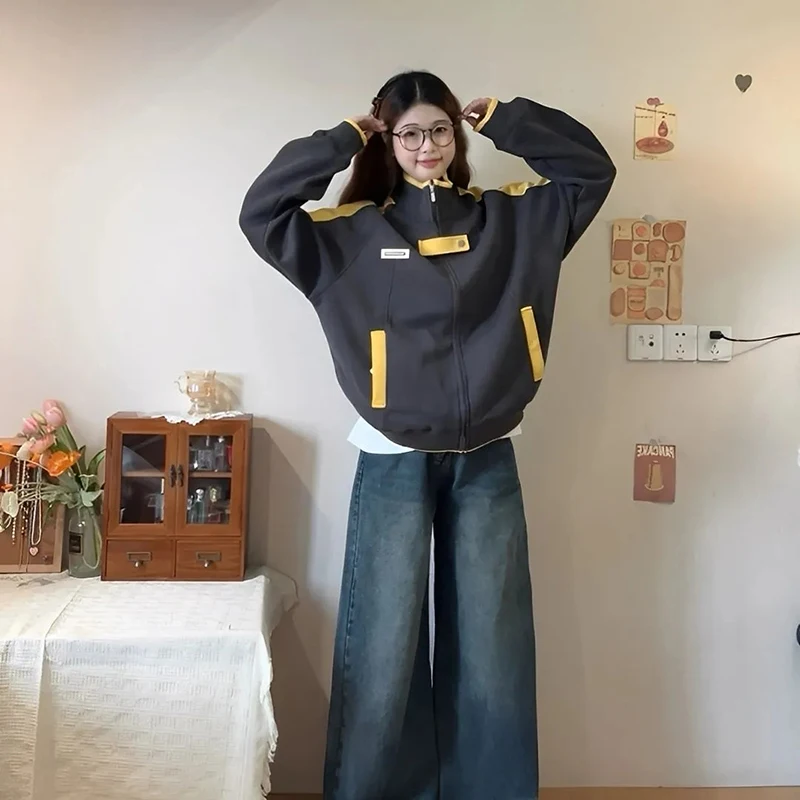 Americano retalhos jaqueta de beisebol feminino y2k streetwear solto zíper feminino suor outono gola listrado colheita outerwear