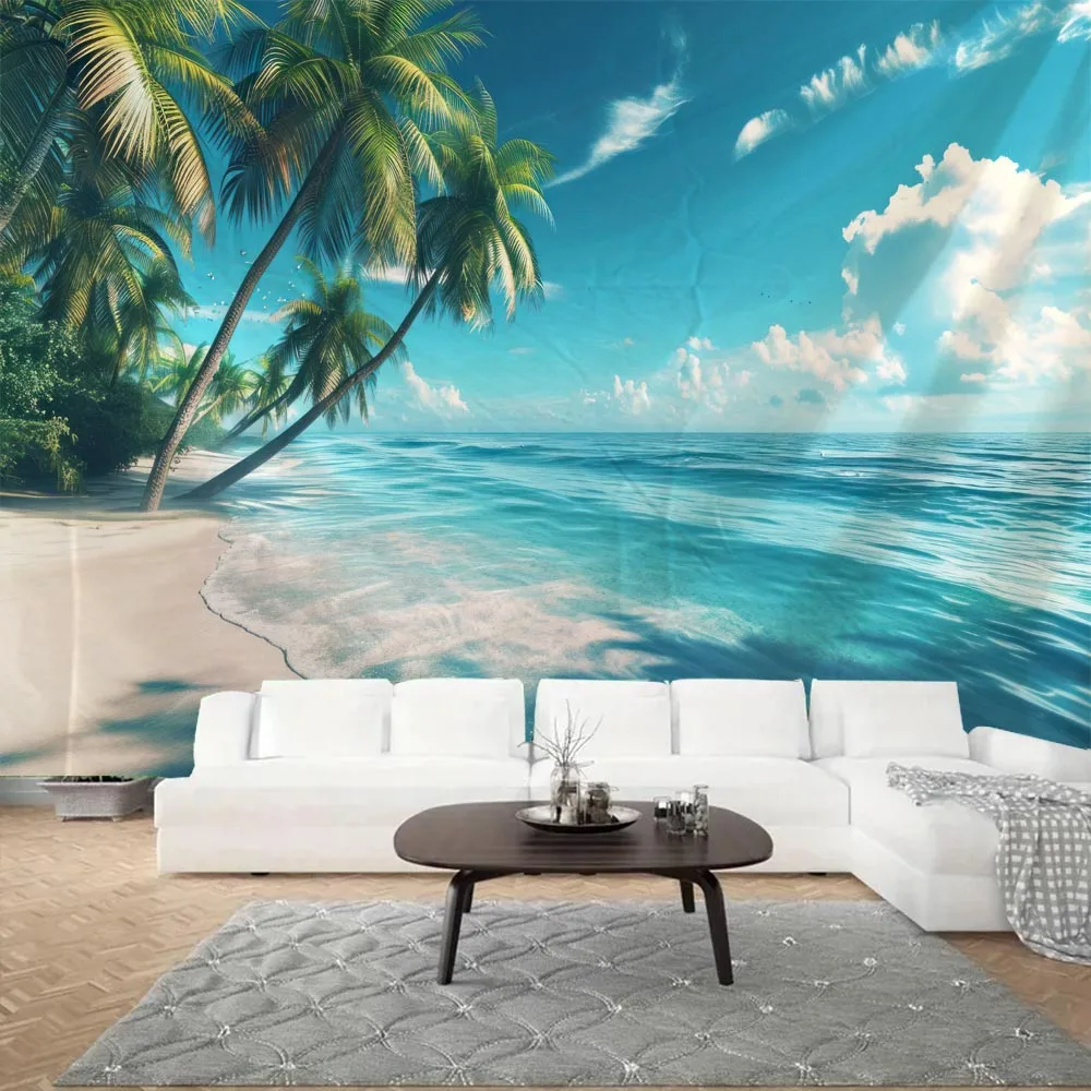 Tropical Paradise Tapestry Beach Coconut Trees Blue Ocean Wall Hanging Decoration Bedroom Living Room Background Cloth