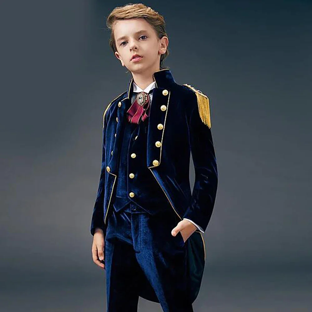 

Blue Suede Slim Fit Boys' Suit Three Piece Set 2023 New Unique Design Children's Gentleman Handsome Clothing