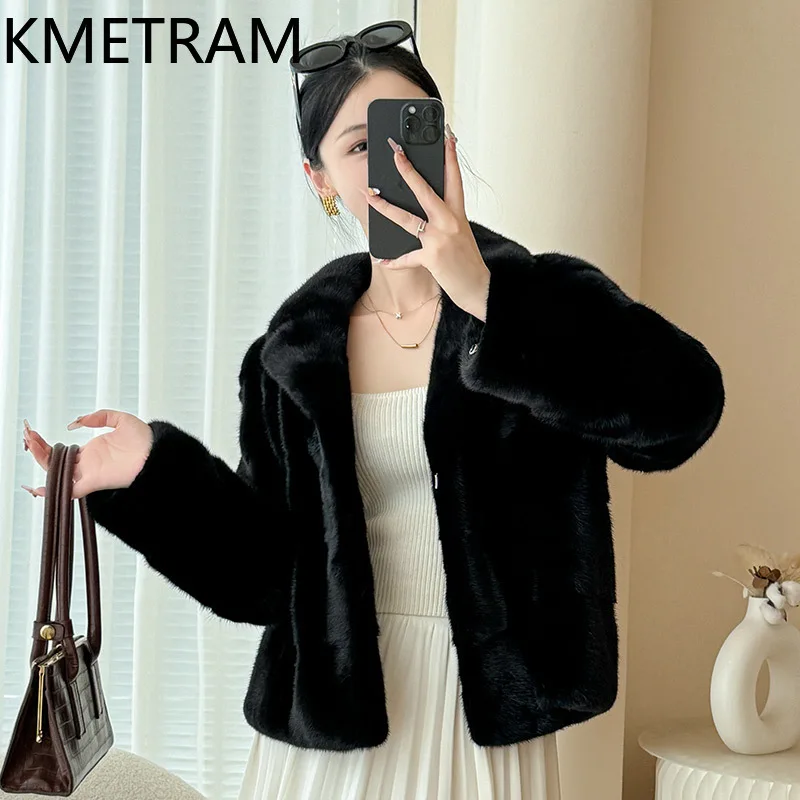 سترة KMETRAM 100% من فرو المنك بالكامل بدلة نسائية بياقة قصيرة سترات من الفرو الحقيقي باللون الأسود لشتاء 2025 جديدة في معاطف ملابس نسائية شوروبا