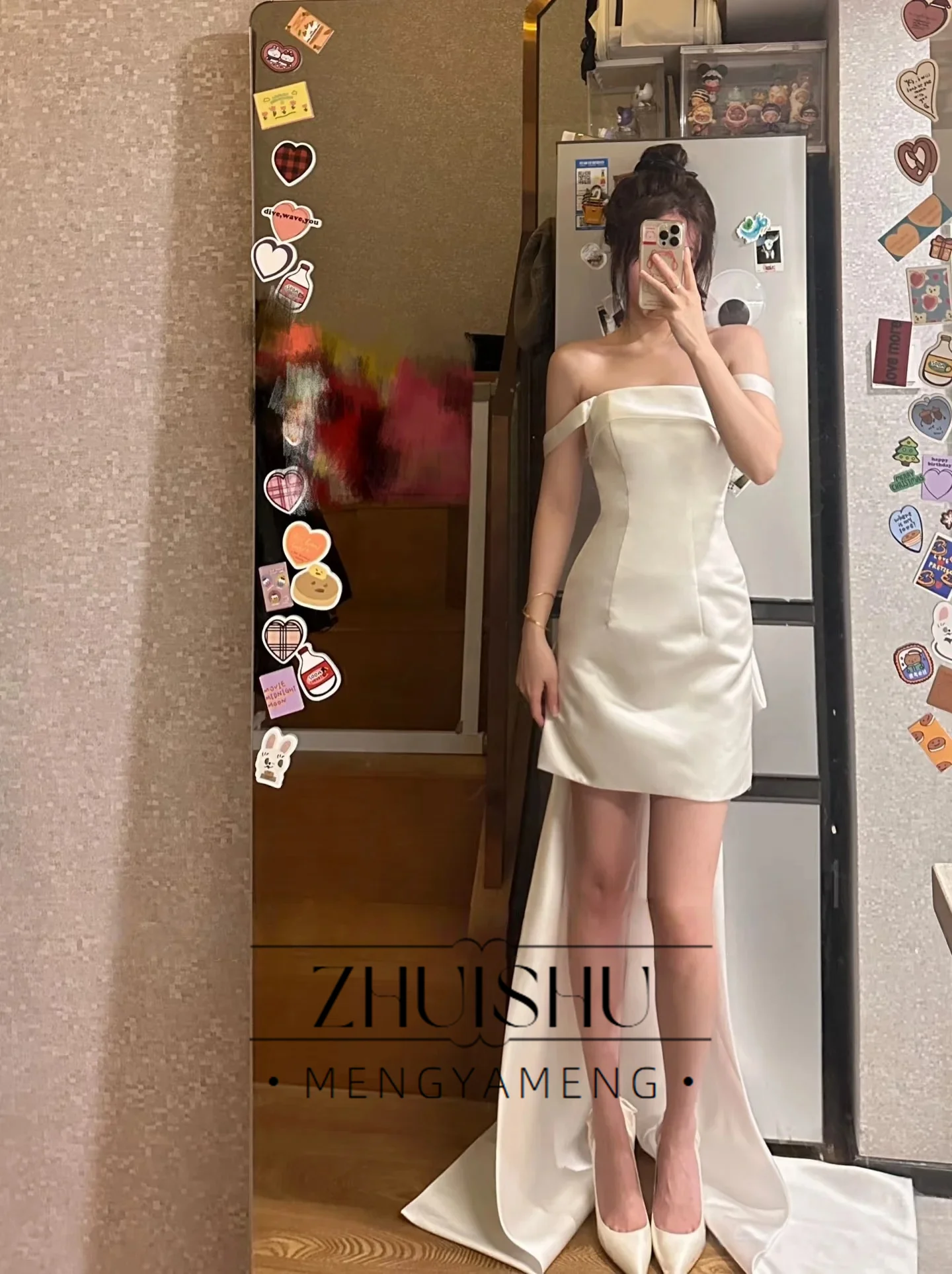 간단한 와이드 스트랩 짧은 웨딩 파티 드레스 부드러운 새틴 미니 가운 공식 생일 파티 맞춤형 한국 사진 촬영