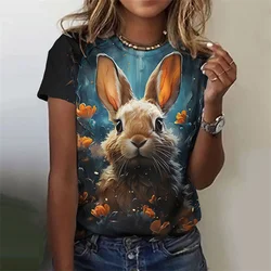 Cute Rabbit Pattern T-Shirt For Women Funny Animal 3D Printed T Shirts Summer Casual Round Neck Tops Short Sleeves Loose Tees