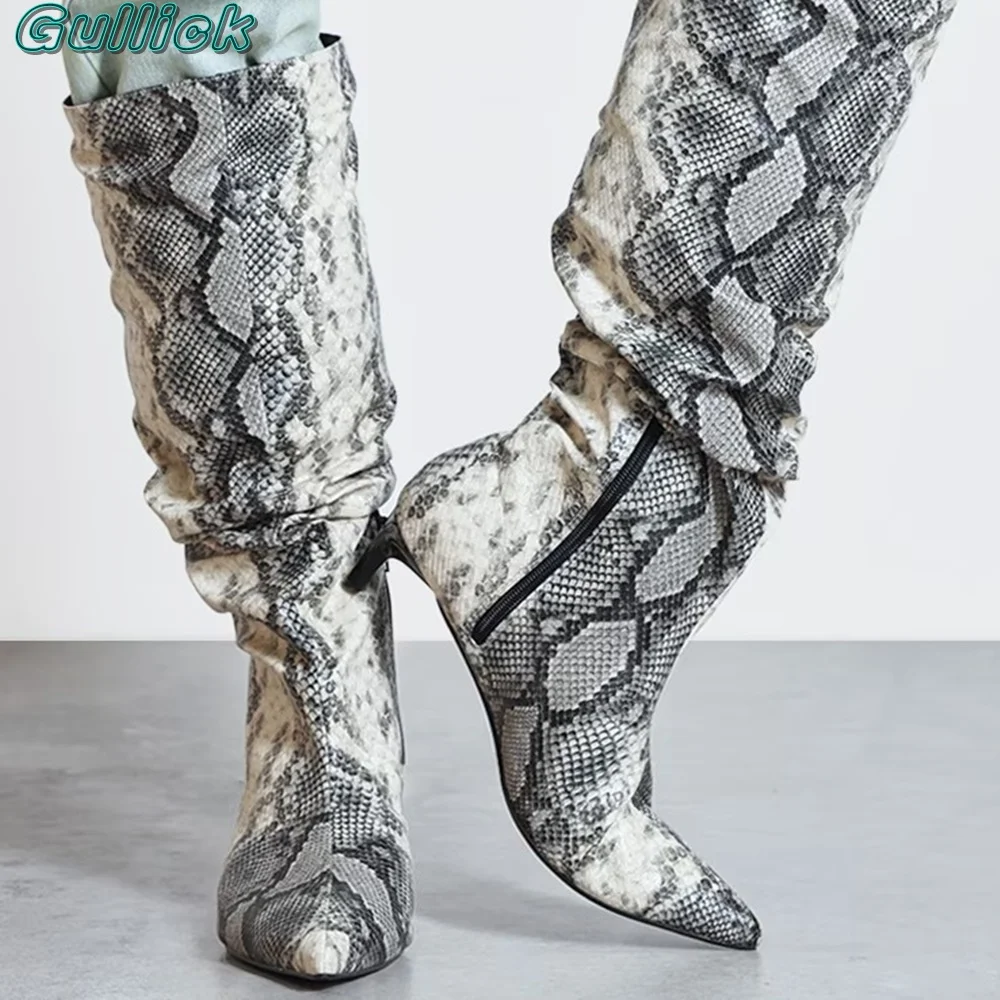 Gullick Mixed Snake Print Boots Pointed Toe High Heels Side Zipper Spring Autumn Knee-High New Boots Sexy Women Outwear Shoes