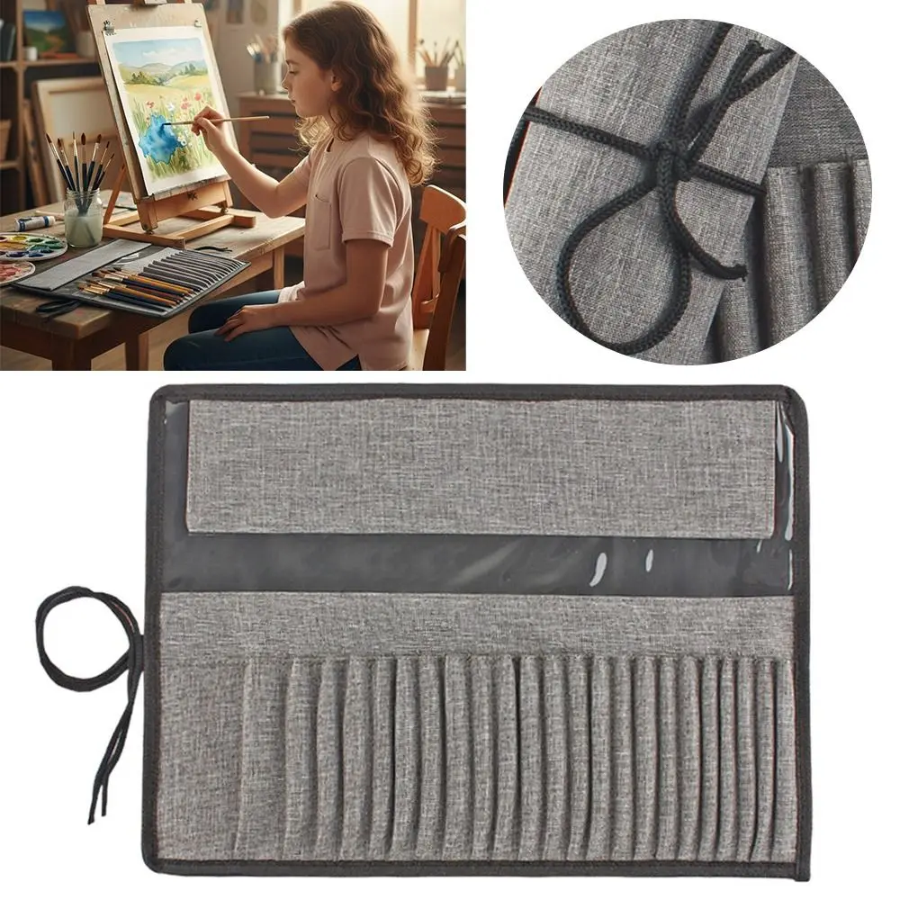 กระเป๋าใส่แปรงวาดภาพอเนกประสงค์แบบม้วน 24 ช่อง สีเทา กันน้ำ สำหรับใส่ปากกาและดินสอสำหรับนักเรียน