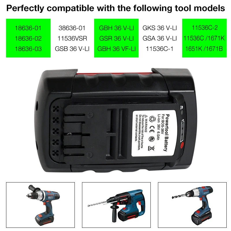 BAT836 Replacement for Bosch 36V 6.0 Ah Li-ion Battery BAT810 BAT840 D70 771 (A)  2607336004 2607336107 2607336108 1600Z003C