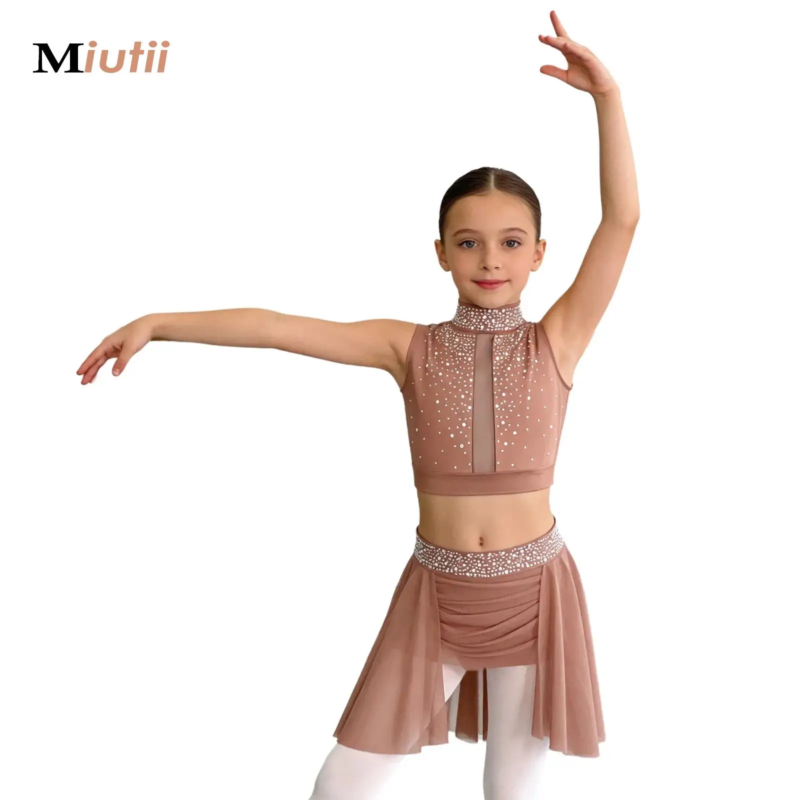

Kids Girls Praise Dance Performance Outfit Sleeveless Shiny Rhinestones Tank Crop Top+Skirt Set Lyrical Modern Dance Clothes Set