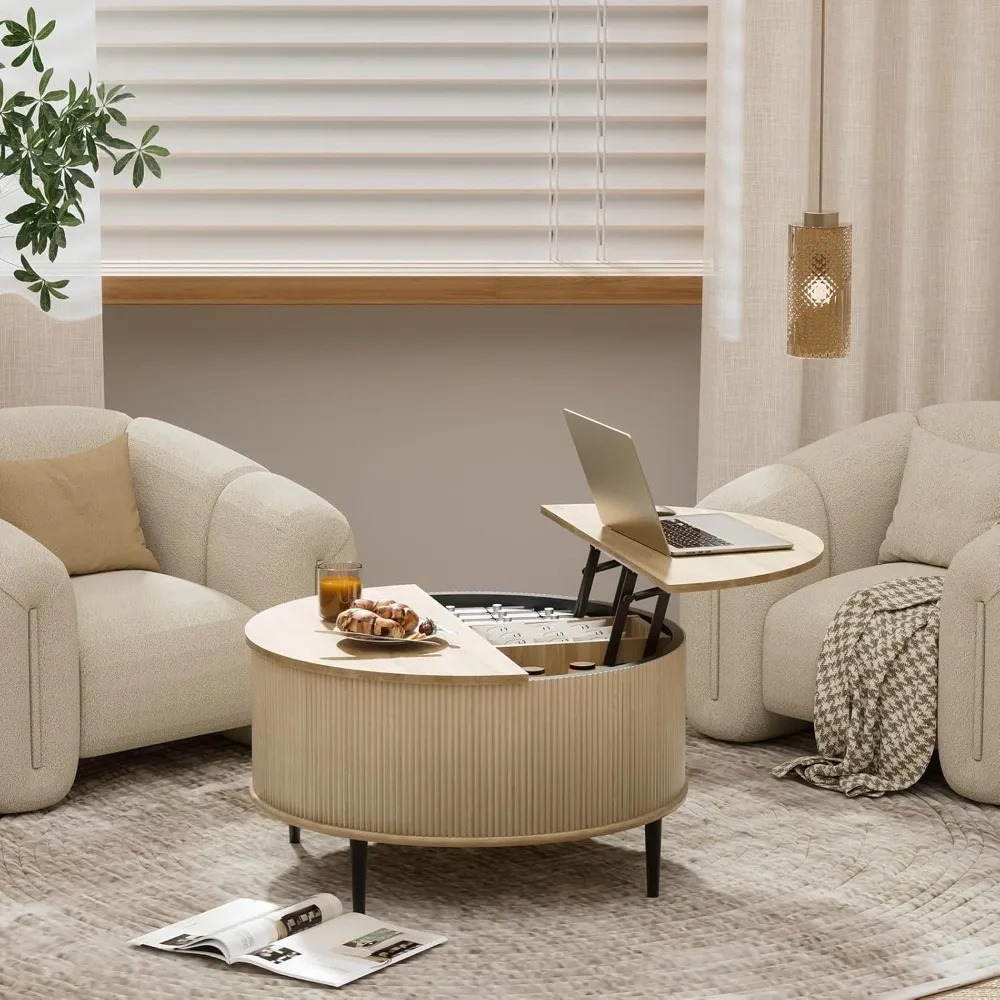 Round Coffee Table with Storage, 31.5 Lift top Coffee Table，Fluted Modern Wooden Center Table for Living Room, Small Spac
