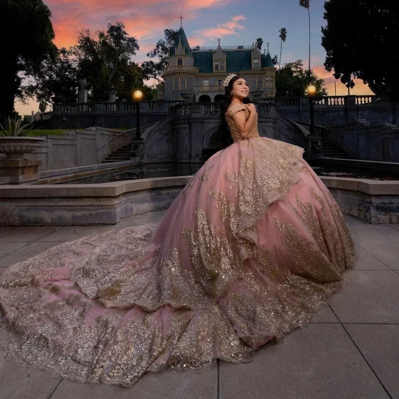 ANGELSBRIDEP abito Quinceanera con Applique in pizzo dorato fatto a mano con paillettes Princess Birthday Sweet 16dressestidos De XV 15aecos