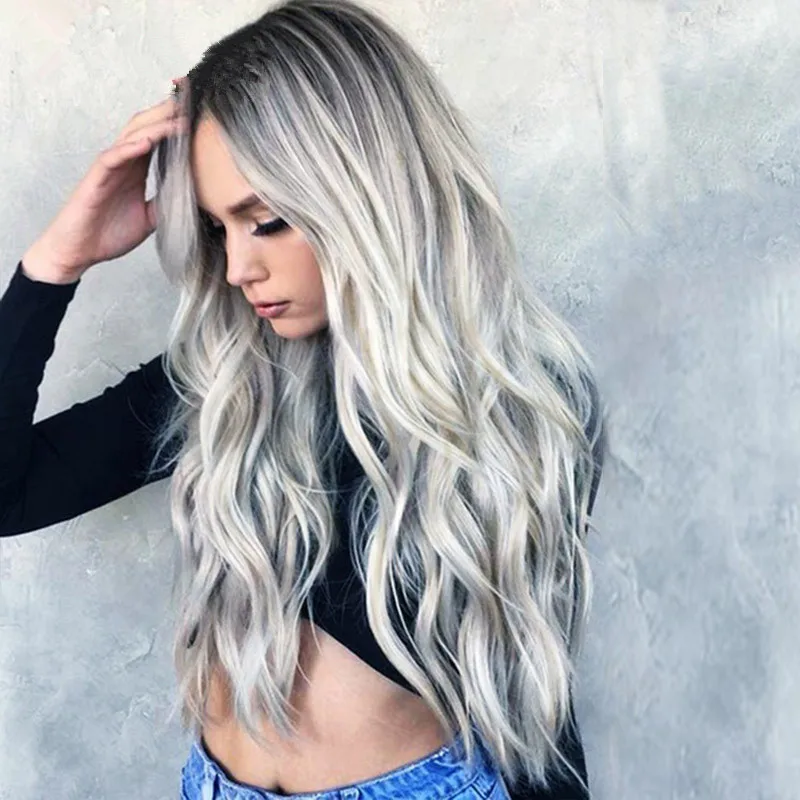 Peluca de anime con degradado gris para mujer, cabello rizado largo con abertura media, cubierta de cabeza completa sintética, nuevo