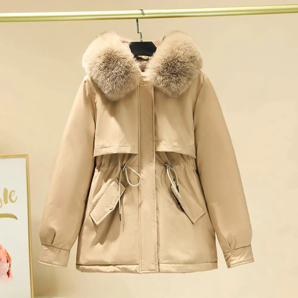 Winter Women's Jacket Furry Hood Long Sleeve Pocket Cotton Coat Zipper Medium Length Solid Color Windproof Warm Coat