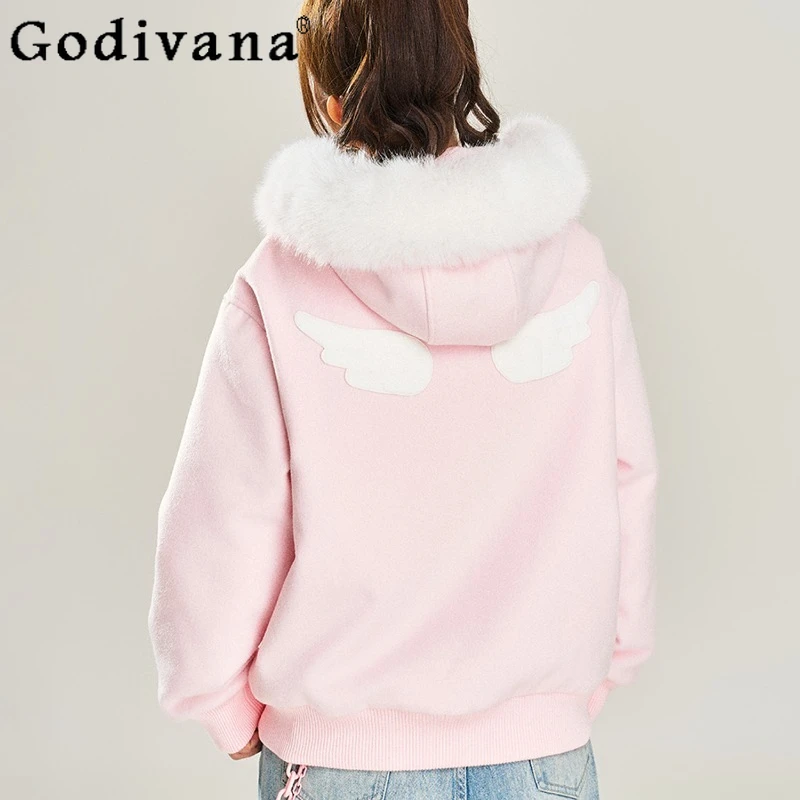 سترات مطرزة غير رسمية متعددة الاستخدامات للنساء على الطراز الياباني معطف صوف مبطن من القطيفة سترات نسائية وردية فضفاضة عالية الشارع #4