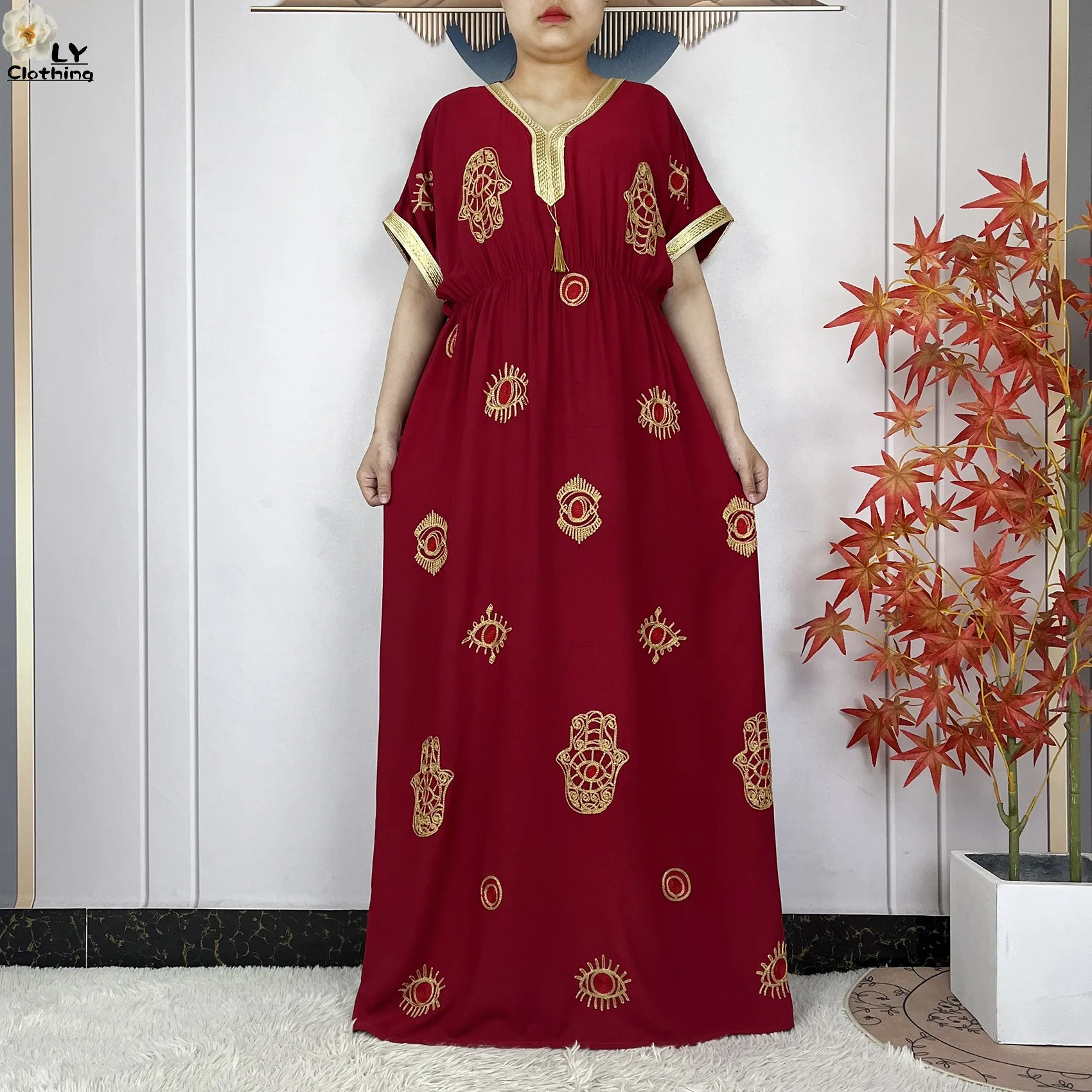 فستان نسائي أنيق عالي الجودة لعام 2025 مطرز بالقطن دبي موضة بوبو ماكسي إسلام ملابس نسائية بأكمام قصيرة عباية إسلامية #2