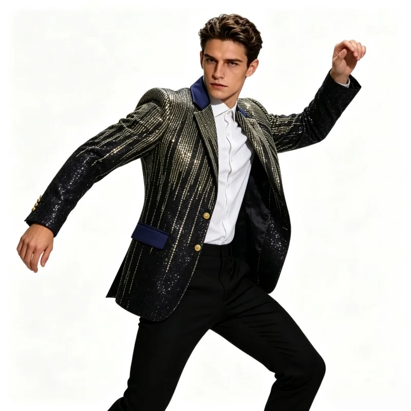 Men's Colorful Gradient Glitter Suit Jacket Shiny Sequin Blazers for Stage Performance Banquet Party Club Performance Clothes