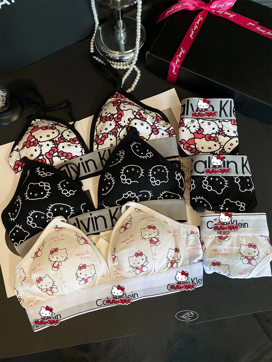 

Hello Kitty Sanrio Women Bra Set Cotton Thongs Bra Cotton Panties Anime Cartoon Couples Women Men Boxer Soft Brassiere kawaii