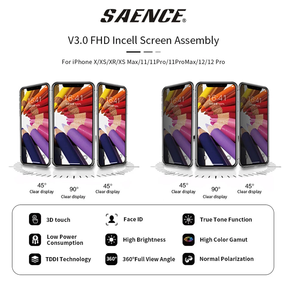 Incell-Écran Tactile LCD FHD + 3D de Remplacement, Sans Pixel de Fréquence, pour iPhone X Poly XS Max 11 12 13 Pro Max Mini 7 8 6S Plus