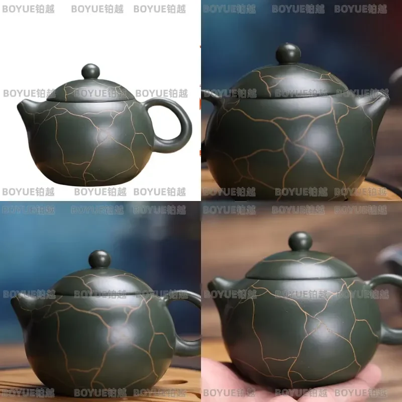 Yixing Purple Sand Tea Set Hand Painted Real Gold Xishi Pot Raw Ore Green Mud Ice Pattern Teapot Traditional Chinese Tea