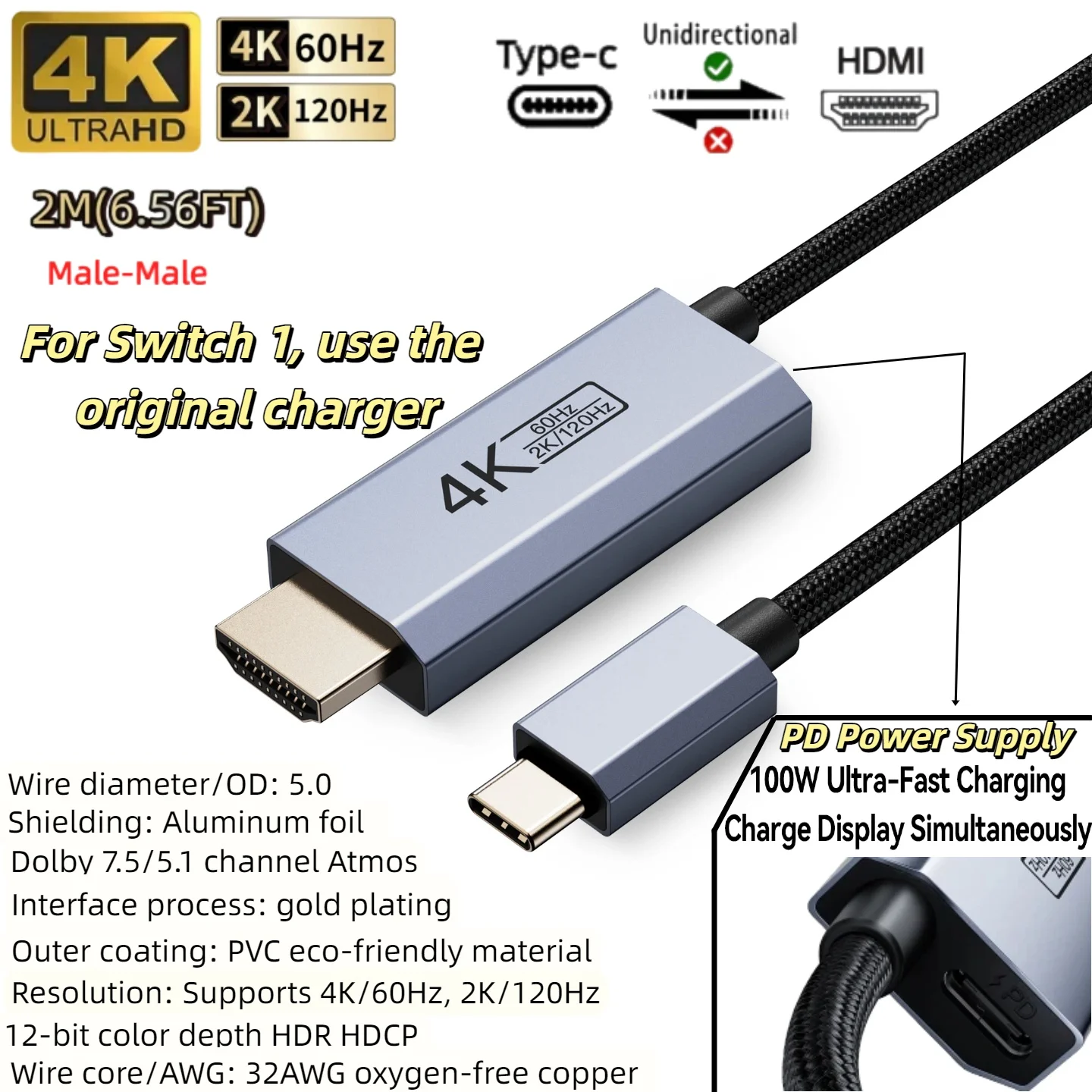 4K@60Hz Typ-C zu HDMI-kompatibel Unterstützt 2K@120Hz USB-C Videokabel mit PD 100W Ladefunktion für TV Handy Laptop Tablet Switch1 – Detail 2