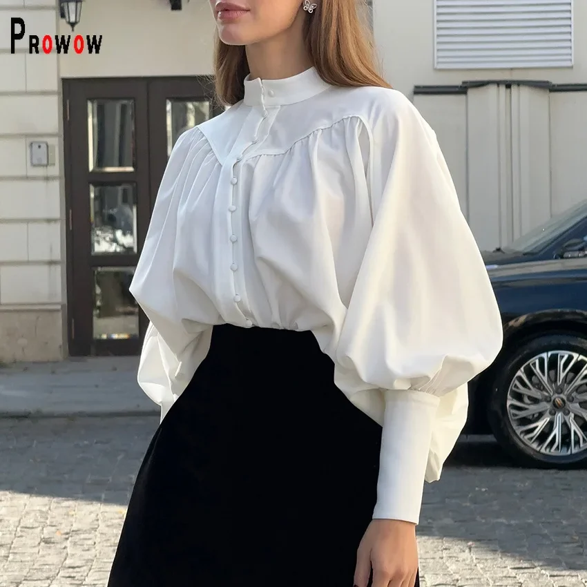 

Prowow Vintage Women's Blouses Long Puff Sleeve White Fall Winter Basic Female Tops Clothes Half High Collar Office Lady Outfits