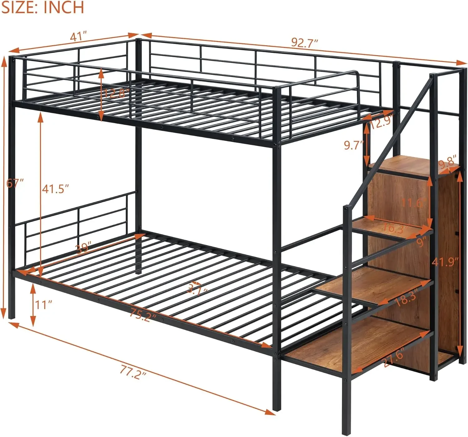 Over Twin Metal Bunk Bed with Storage Ladder and Wardrobe, Heavy Duty Low Bunkbeds Frame with Stairs, Space Saving, for Tee