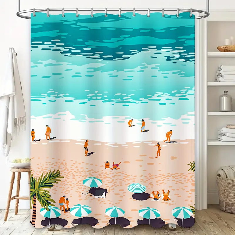 Beach Life Shower Curtain with Umbrellas, Beachgoers Palm Trees Blue Oceans Orange Sand Waterproof Fabric for Bathroom Decoratio