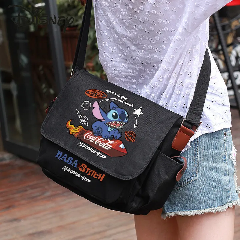 Disney stitch novo estudante mochila dos desenhos animados moda estudante um ombro oblíquo saco de grande capacidade multi-função sacola