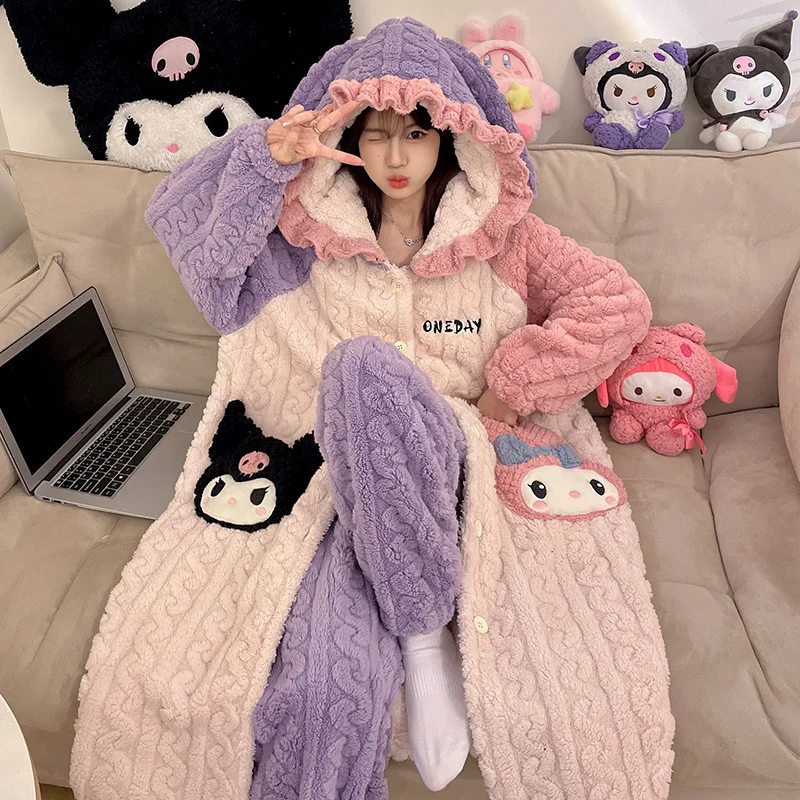 

Kawaii Melody Kuromi 2Pcs Women's Plush Pajamas Robe Set Suit Sanrio Hello Kitty Winter Homewear Cartoon Thicken Soft Nightwear
