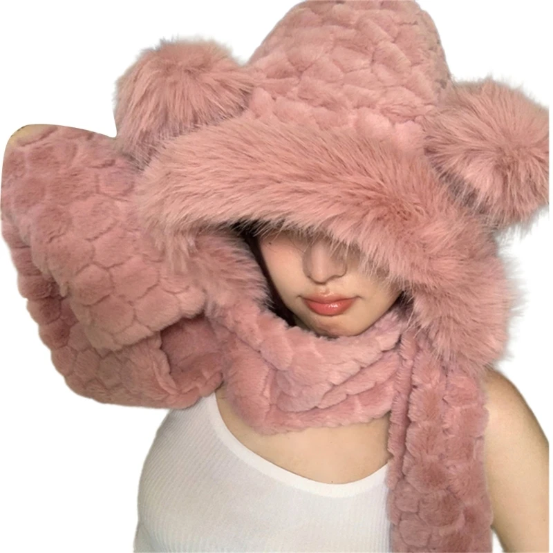 Women Head Wrap Thicken Furry Bear Hat for Climbing Skiing Sports Headwear