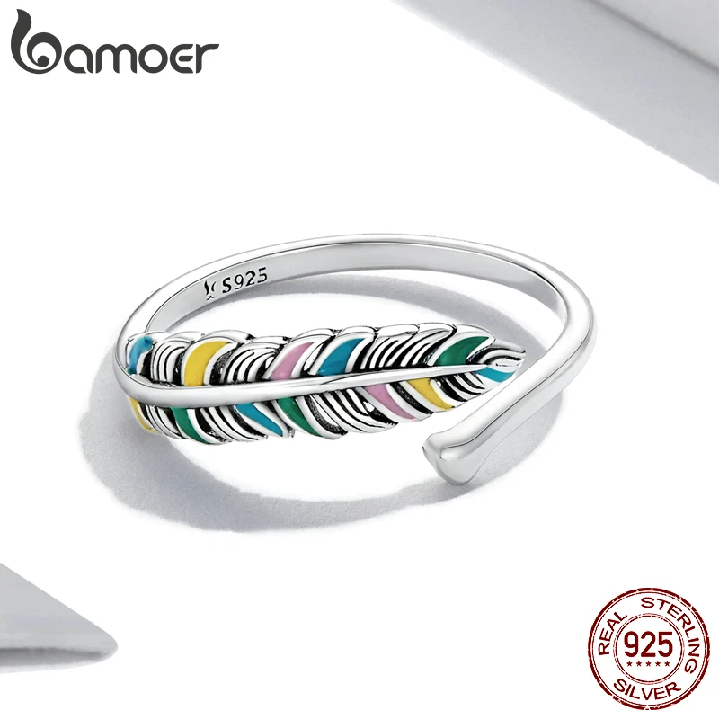 BAMOER 925 Sterling Silver Vintage Colored Feather Adjustable Ring for Women Original New Model Girl Ring  Fine Jewelry Gift