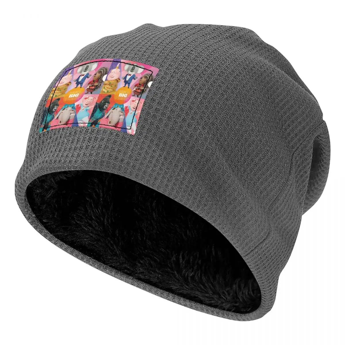 Sing Waffle Knit Fleece Lined Beanie with PU Leather Patch Unisex Warm Winter Soft Cap