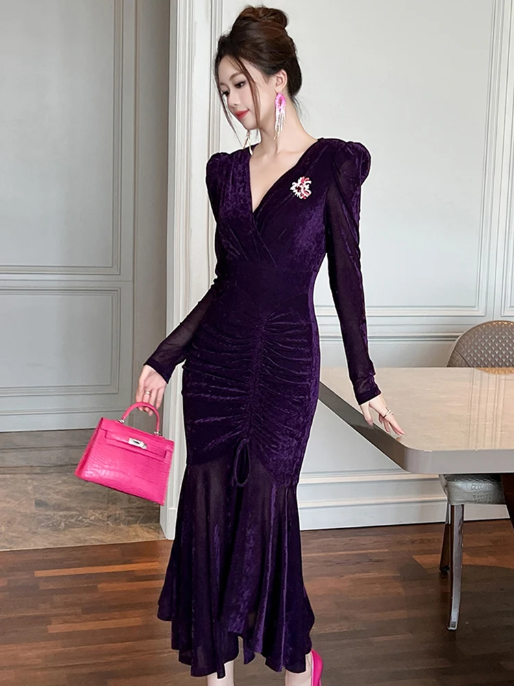 Women Clothes Purple Velvet Sheer Sexy V-Neck Folds Slim Evening Dress Elegant Ladies Vintage Robe Party Prom Vestidos Fashion