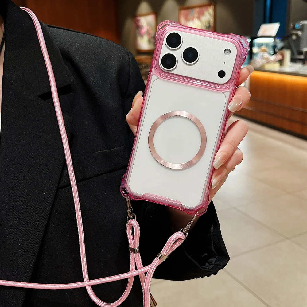 حافظة كروس بودي مضادة للخسارة من النايلون حافظة مغناطيسية شفافة لهاتف آيفون 17 16 برو ماكس 15 14 13 12 11 لغطاء حزام الكتف Magsafe