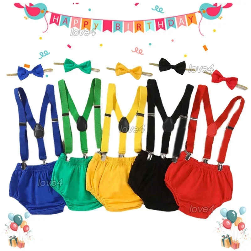 New Born Baby Clothes Set 1st Birthday Outfit Suspender PP Pants with Tie Baby Cake Cash Outfit Baby 0 12M Photoshoot Clothes