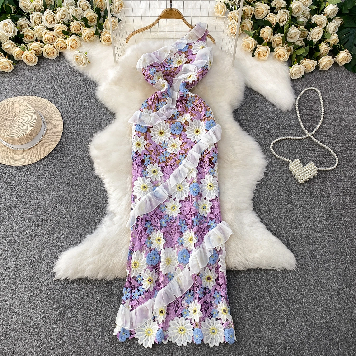 

Elegant Sleeveless slim Lace Diagonal collar Dress Korean Fashion Party Vestidos Chic Summer Sexy Tight Women Hip Wrap Dress