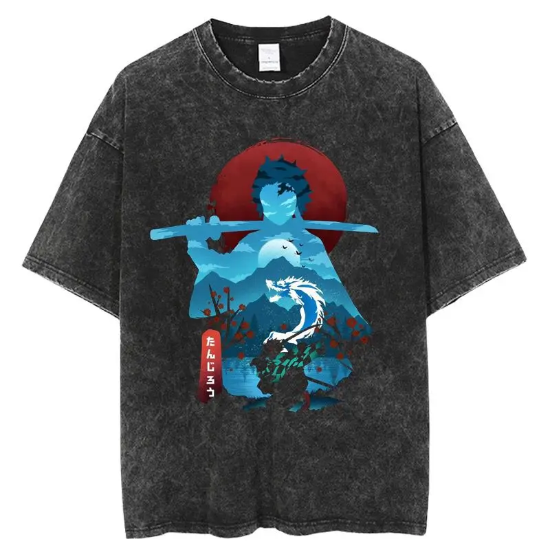 

Fashion HOT 2025 New Casual Retro Washed T-shirt Anime Demon Killer Big Hip Hop Harajuku Men's T-shirt Street Wear Both Men