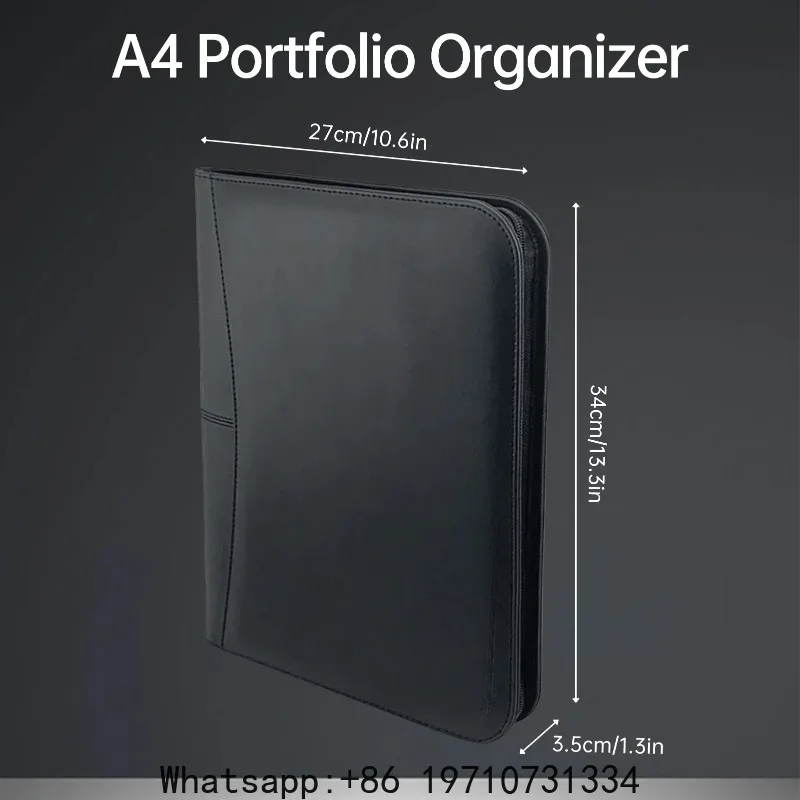 Zippered Business Padfolio A4 PU Leather Portfolio Organizer for Interview Resume Document Planner Agenda  Holder