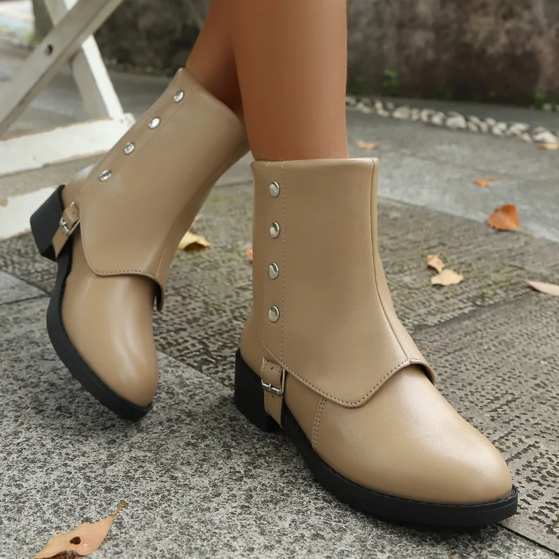 

New Hot Autumn British Style Retro Coarse Heel Short Boots for Women Belt Buckle Rivet Design Comfortable Versatile Ankle Boots