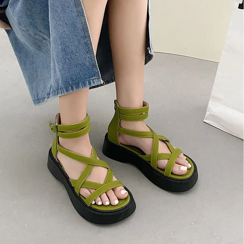 Solid Women Sandals 2024 New Summer Roman Hollow Thick-soled Sandales Women\'s Black Zipper Round Toe Open-toe Sandalias Mujer