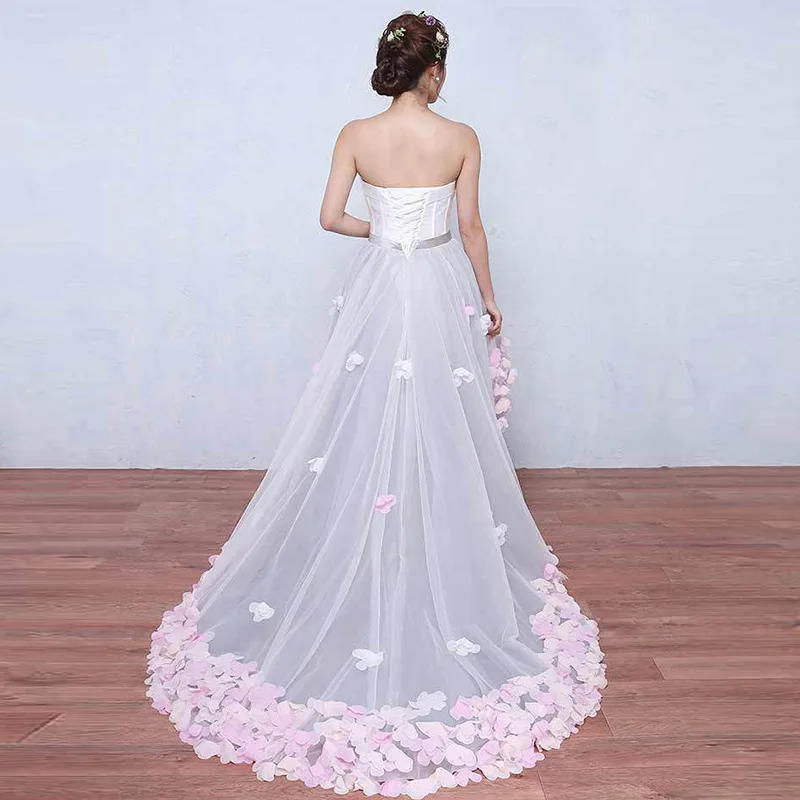 Summer New Romantic Handmade Flower Petal High/Low Long Trip Beach skirt Trailing Bride Wedding Dress свадебное платье