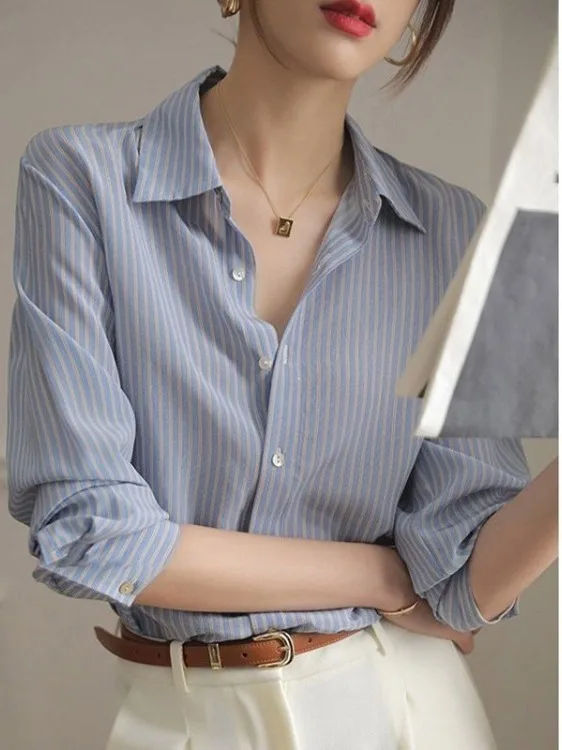 

Ele Silk irt for Women Spring Autumn High Quali Silk Women's irt Slim Fit Long Sve Striped Button up