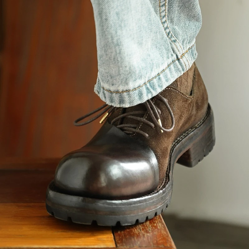 American Round-Toe Retro Horsehide Thick Sole Work Leather Shoes Men's Genuine Leather Thick Sole Casual Deby Oxfords Male
