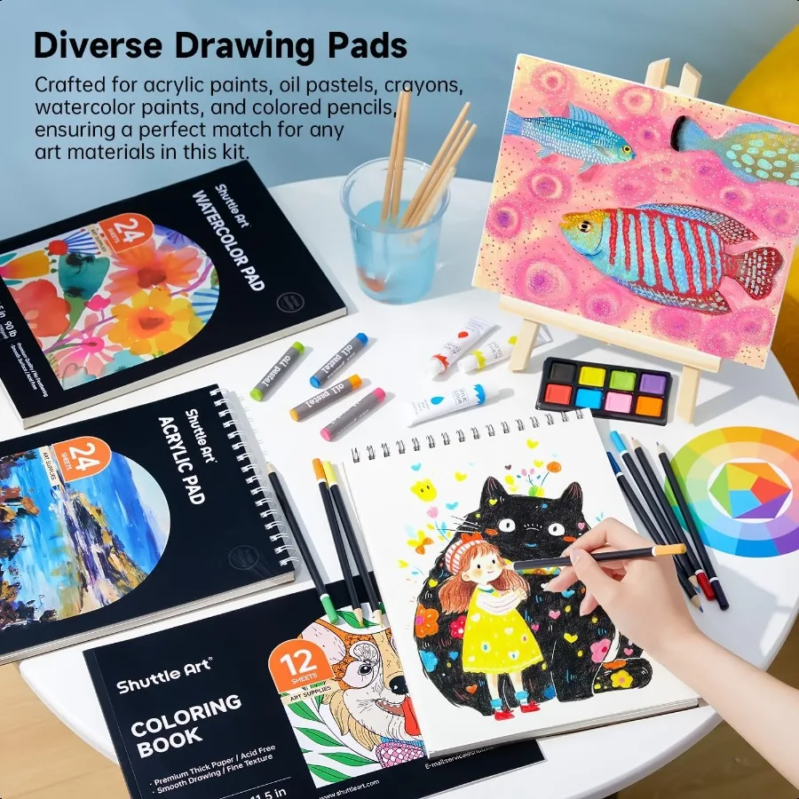 Deluxe Gift Art Kit 202Piece Wooden Art plies Set with 4 Drawing Pads Canvases Coloring Sheets Acrylic Paint Crayons Oil Pastel