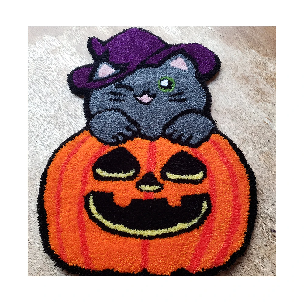 Pumpkin and Cat Halloween Decorative Rug Digital Printing Technology Simple Housewarming Gift Handmade Non-Slip Carpet