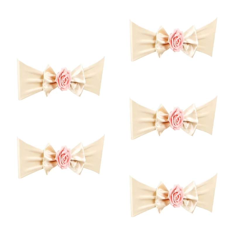 A2BB 5 Piece Stylish Wedding Chair Back Bowknot Tie Party Decoration Satins Fabric Chair Sash Band With Artificial Rose Flower