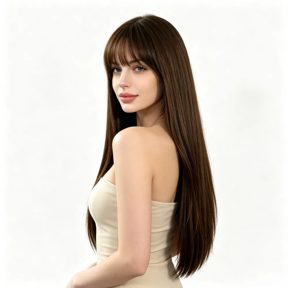 Colored Flat Bangs Long Straight Synthetic Wig for Women
