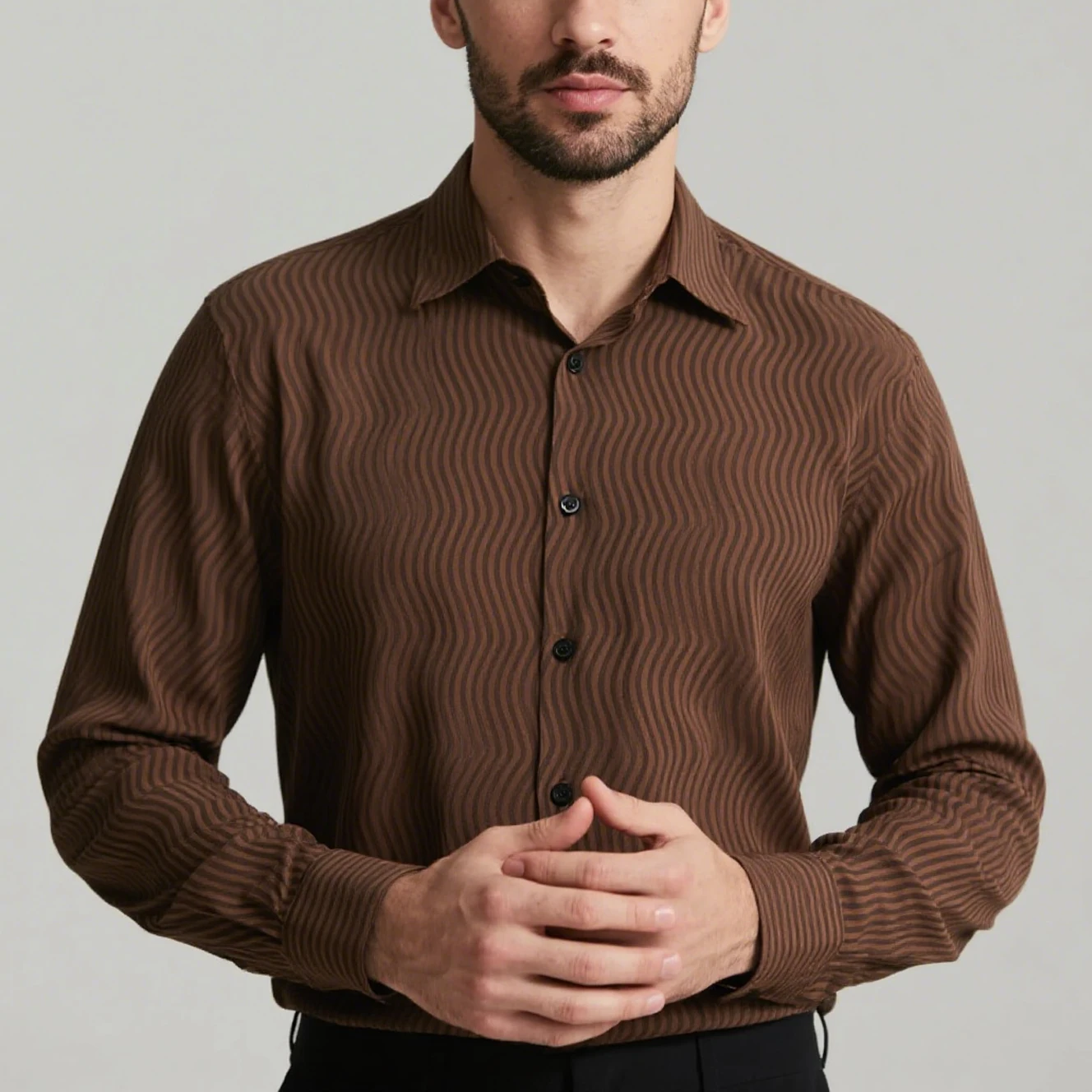 Men's new simple business fine-line wave graphic shirt long-sleeved lapel soft comfortable fabric shirt street vacation clothes