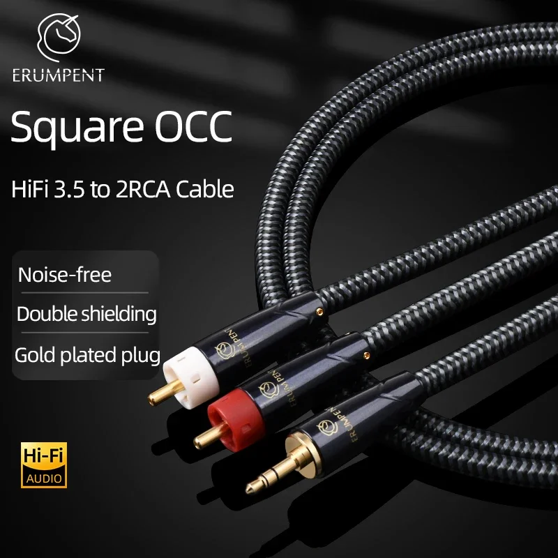 HiFi 3.5mm to 2RCA Cable Square OCC High Quality Gold Plated Plug Noise-free for Speaker Computer 3.5mm Jack to 2RCA Male Cable