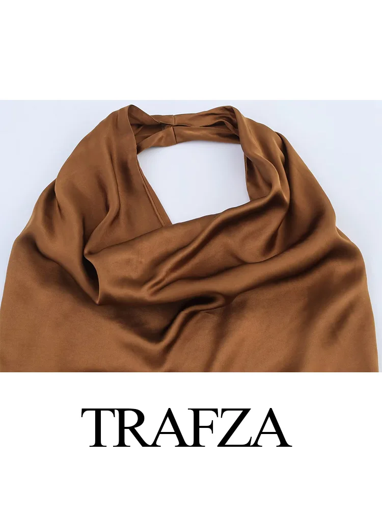 HH 여성 2025 신상 슬림 새틴 질감 솔리드 민소매 미디 드레스 여성 봄 홀터넥 칼라 홀로우 아웃 롱 드레스