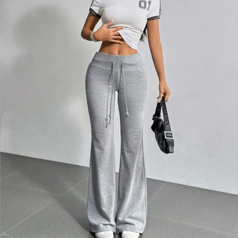 

Women Solid Flared Pant Elastic High Waist Adjustable Drawstring Lace Up Long Trousers Fashion Design Comfortable Casual Bottoms