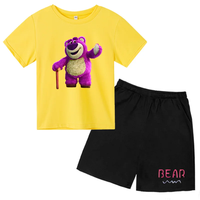 

Anime Strawberry Bear T-shirt suitable for Kids aged 2-12 Boys and Girls Two-piece sports Suit With Short Sleeves and Shorts